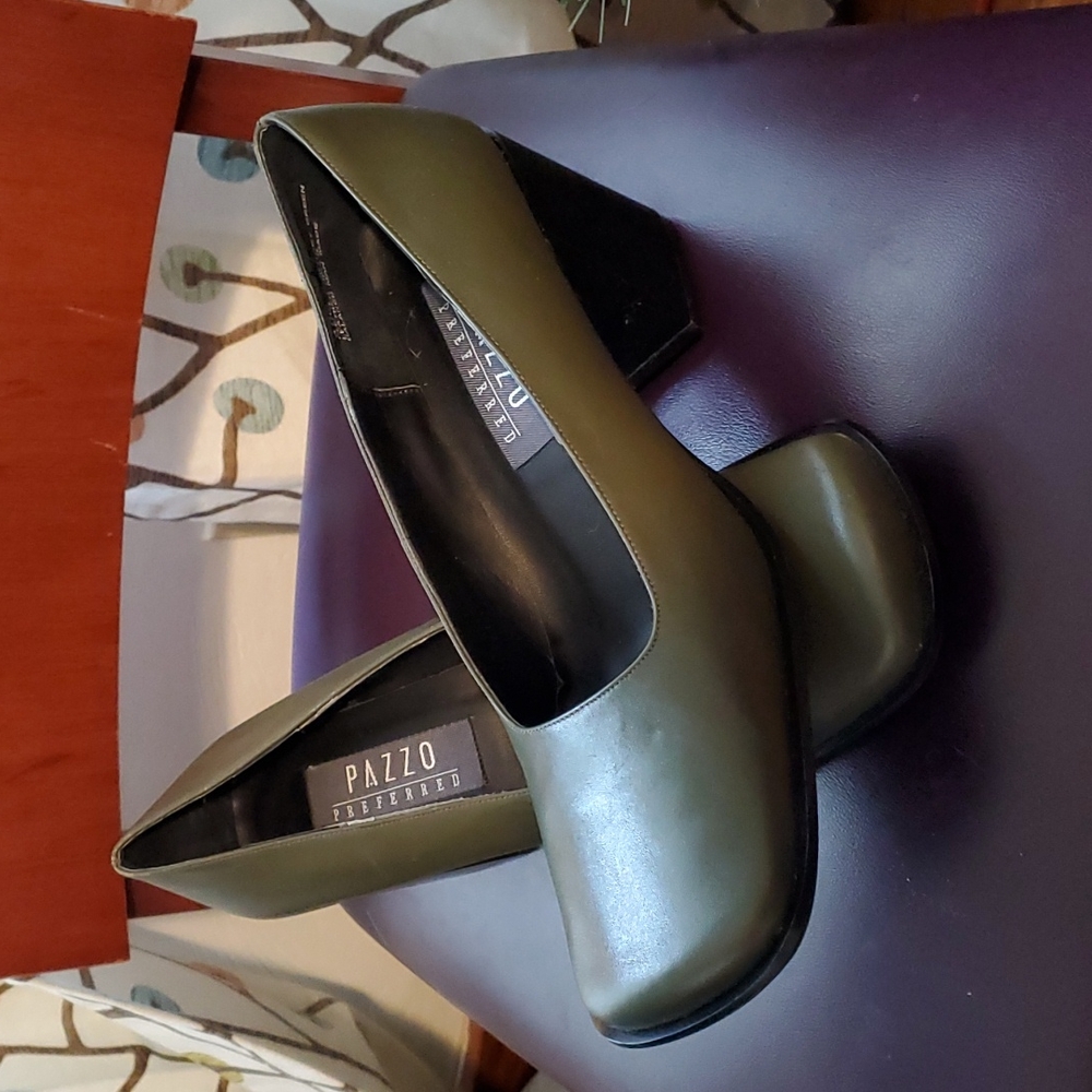Military Green square toe blocky heel